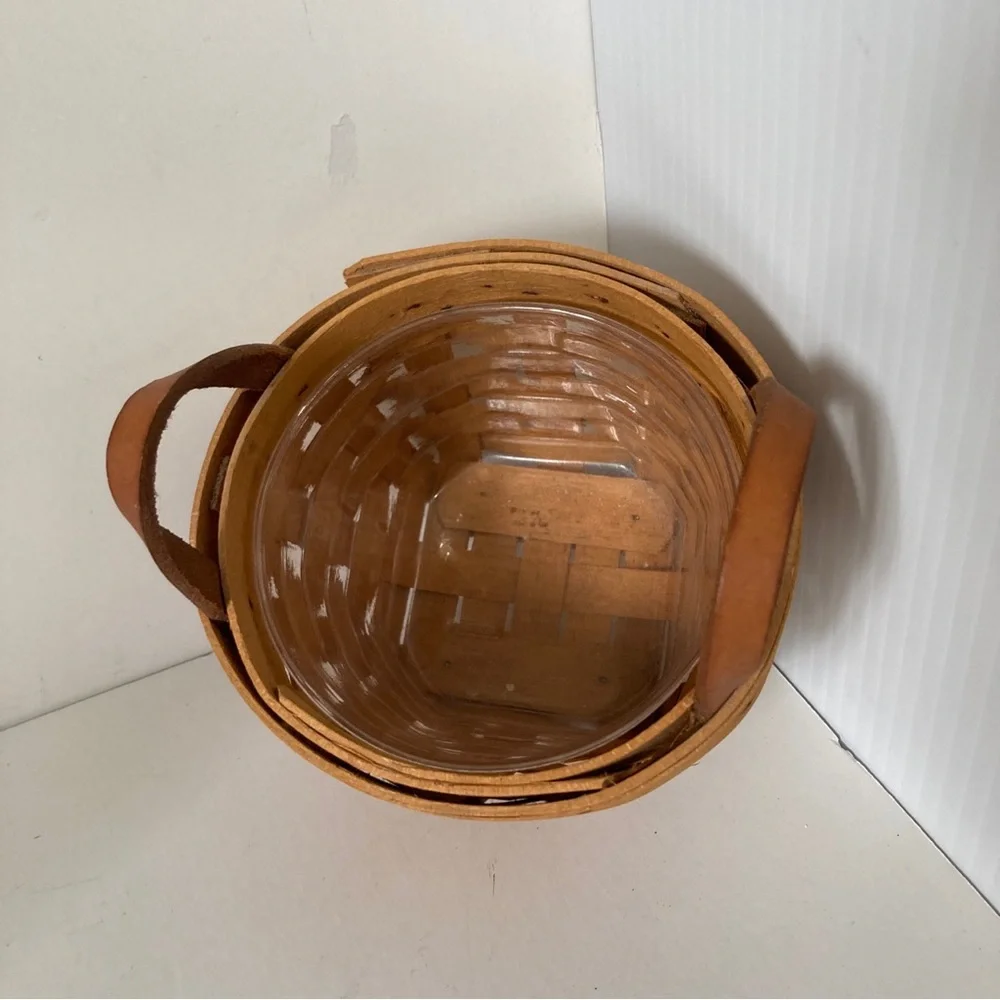 LONGABERGER 1997 Small Mini Round Planter Basket Leather Handles 4.5 x 3 in Tall